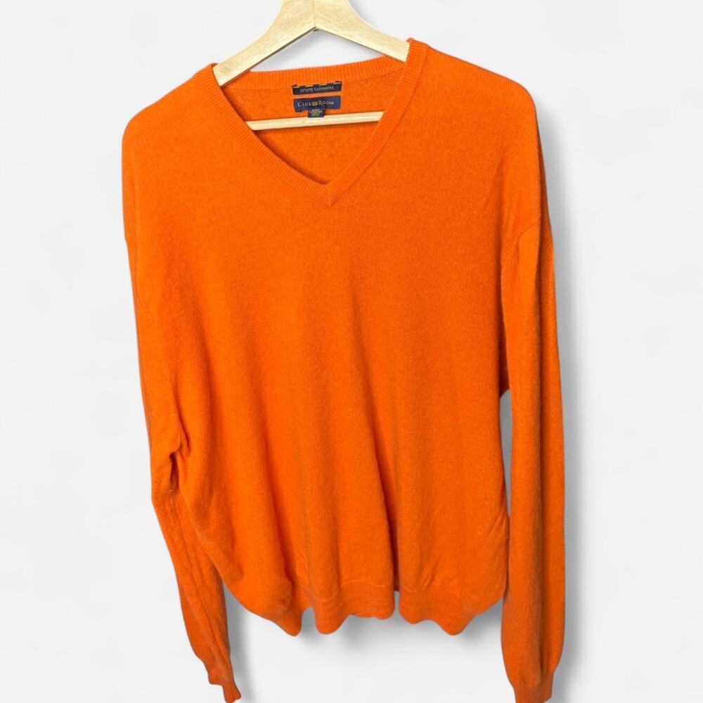 Club Room Estate Cashmere Orange V-Neck Sweater XXL 100% Cashmere 2-Ply